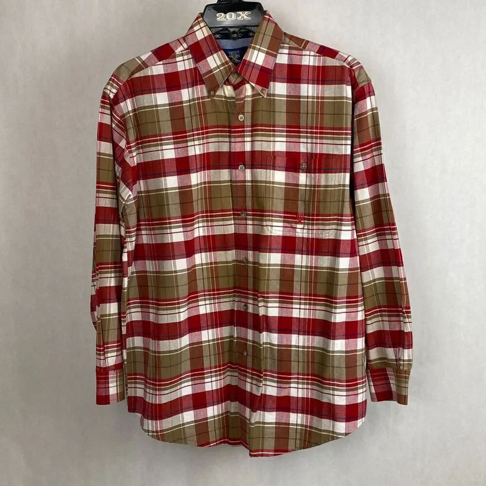 Wrangler Twenty X 20X Button Down Shirt Mens Sz M Long Sleeve Plaid Red Tan West